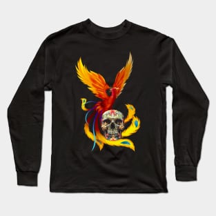 Fire Phoenix And Day Of The Dead Sugar Skull Long Sleeve T-Shirt